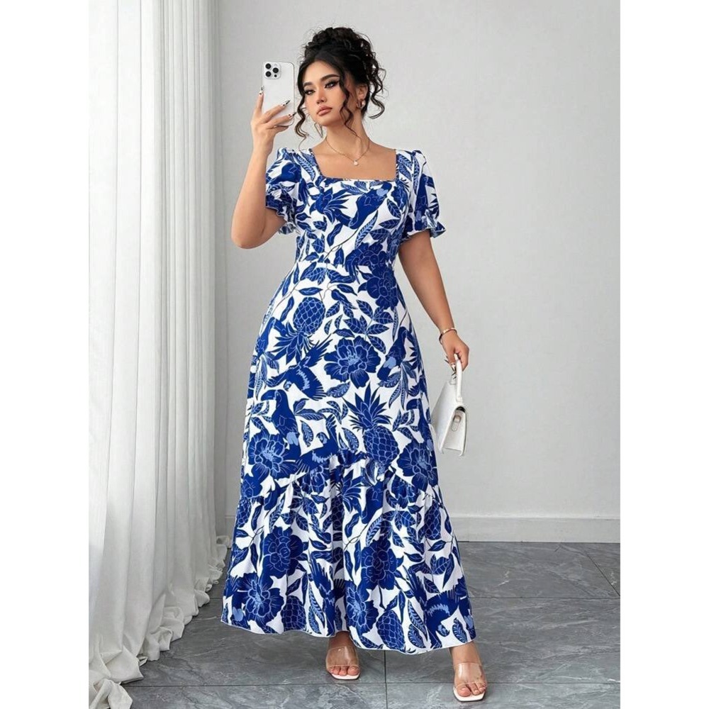 Shein Maxi Dress Blue‎ White Tropical Floral Square Neck Puff Sleeve Ruffle XL